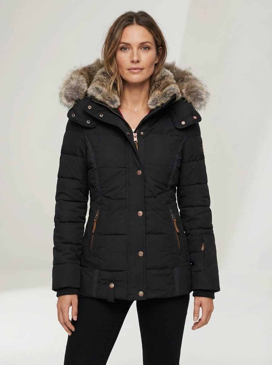 Women’s Winter Puffer Jacket with Faux Fur Hood – Black