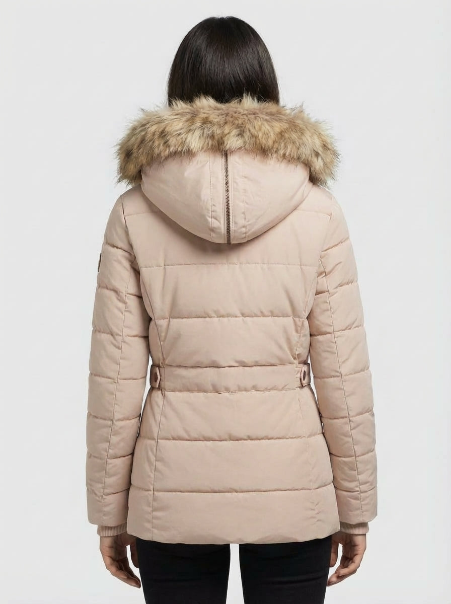 Women’s Winter Puffer Jacket with Faux Fur Hood – Sandy Beige