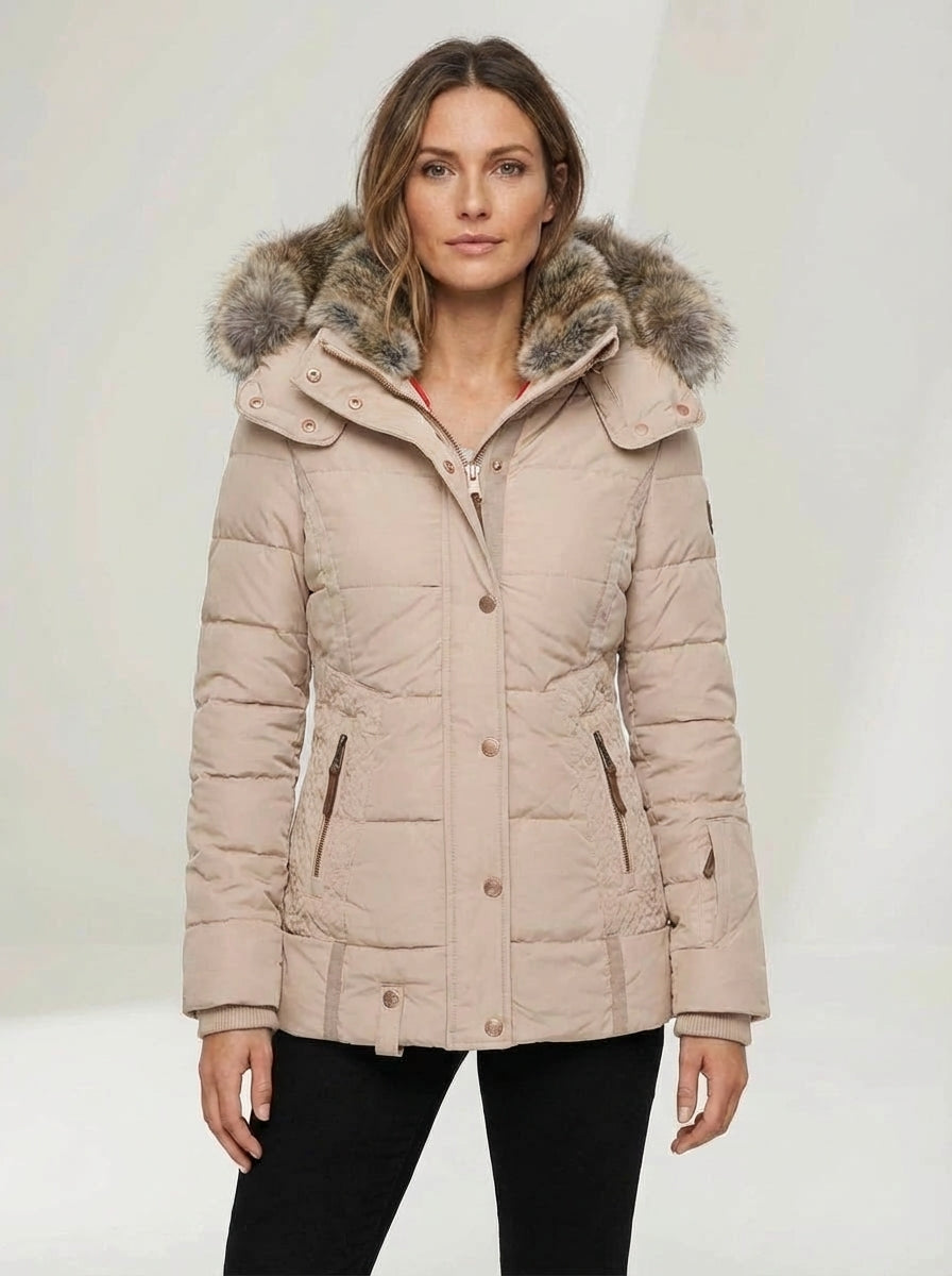 Women’s Winter Puffer Jacket with Faux Fur Hood – Sandy Beige