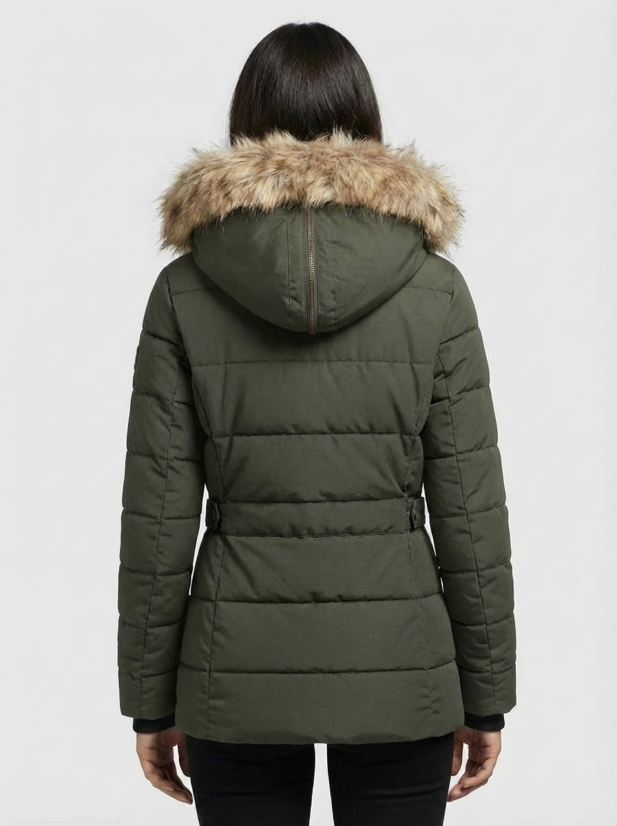 Women’s Winter Puffer Jacket with Faux Fur Hood – Soft Green