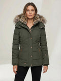 Women’s Winter Puffer Jacket with Faux Fur Hood – Soft Green