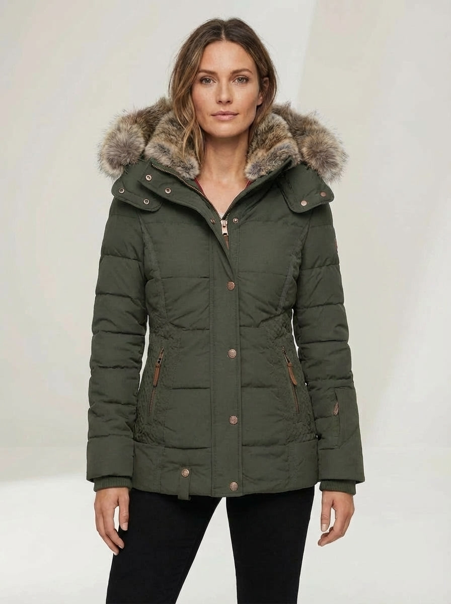Women’s Winter Puffer Jacket with Faux Fur Hood – Soft Green