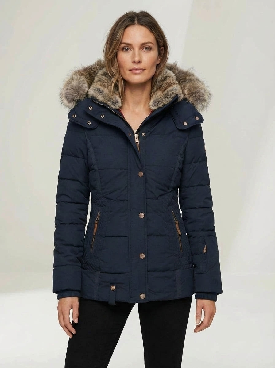 Women’s Winter Puffer Jacket with Faux Fur Hood – New Navy