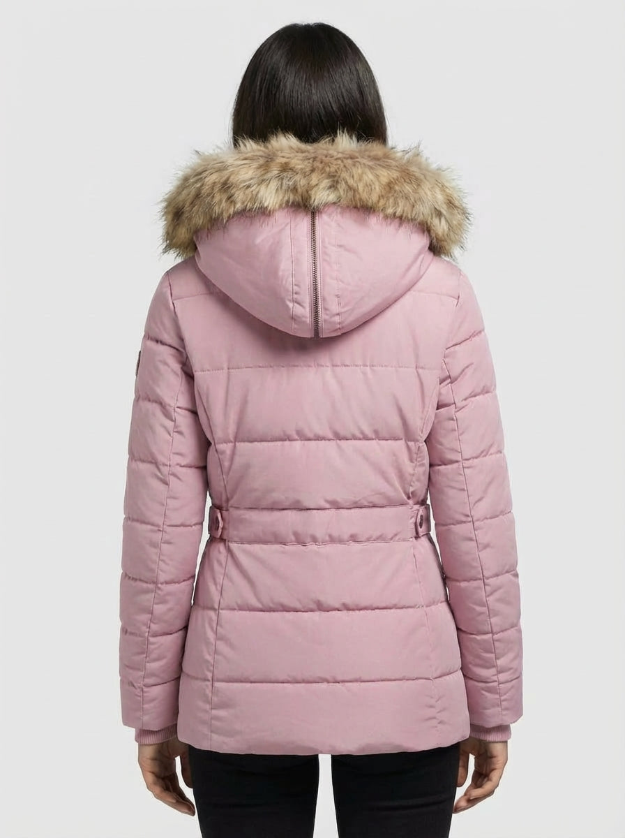 Women’s Winter Puffer Jacket with Faux Fur Hood – Pearl Pink