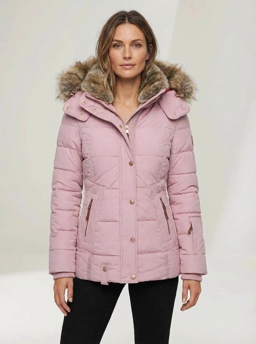 Women’s Winter Puffer Jacket with Faux Fur Hood – Pearl Pink