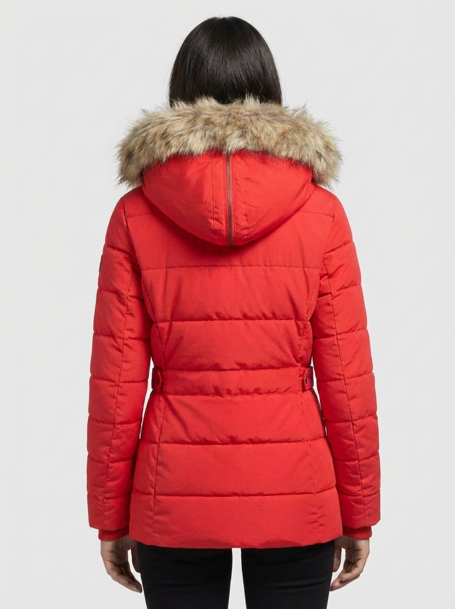 Women’s Winter Puffer Jacket with Faux Fur Hood – Red