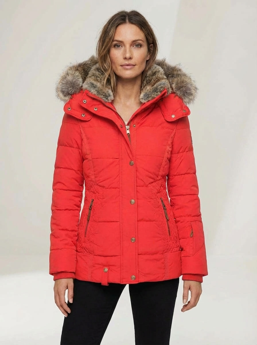 Women’s Winter Puffer Jacket with Faux Fur Hood – Red