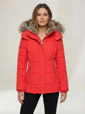 Women’s Winter Puffer Jacket with Faux Fur Hood – Red