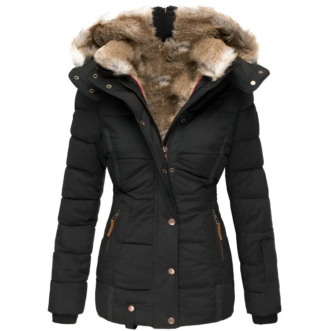 Women’s Winter Puffer Jacket with Faux Fur Hood – Black