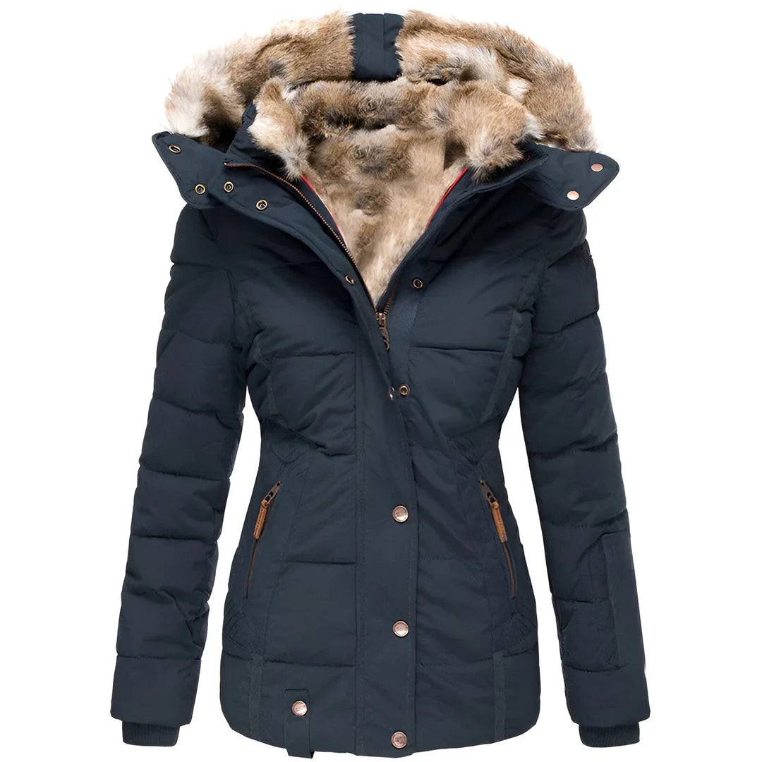 Women’s Winter Puffer Jacket with Faux Fur Hood – New Navy