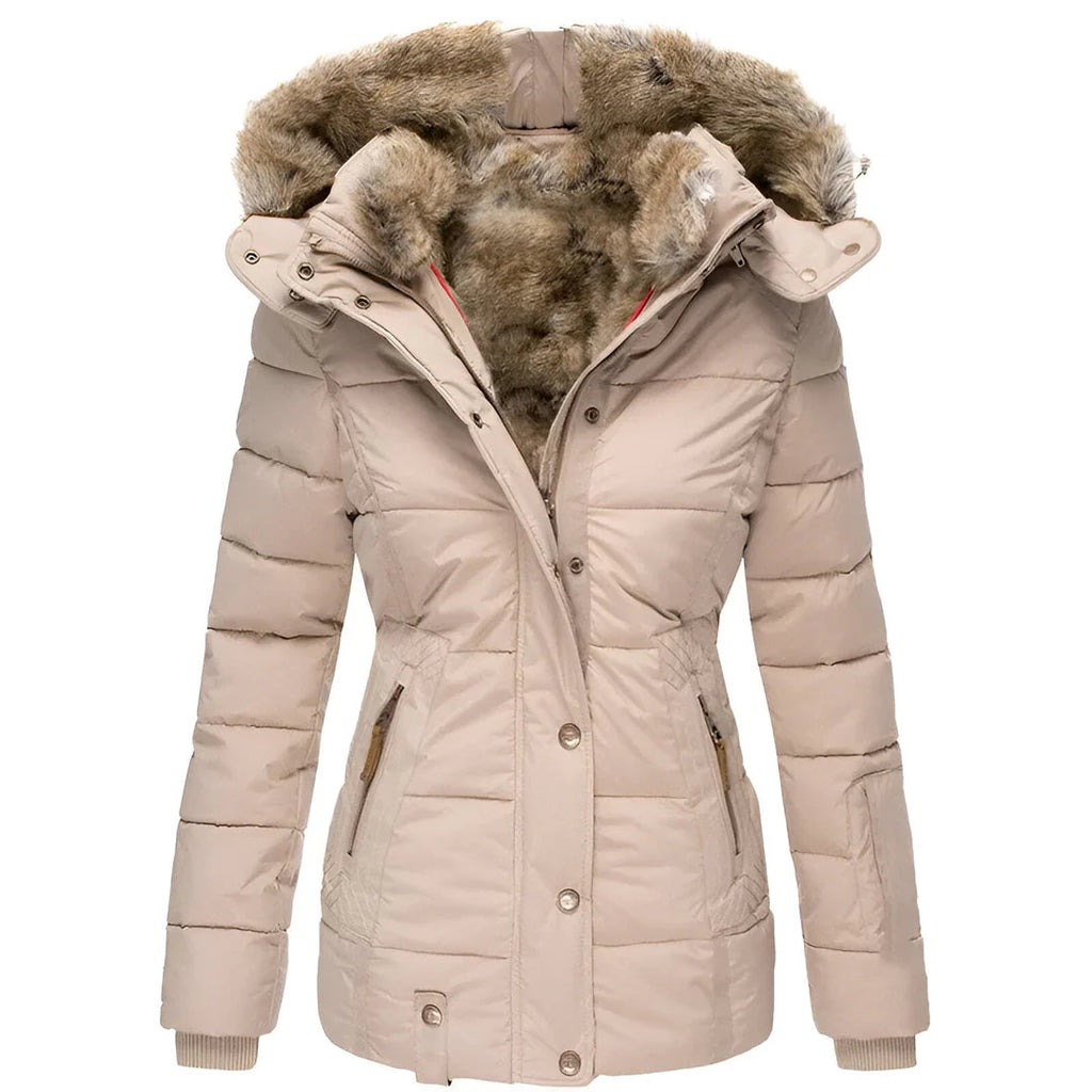 Women’s Winter Puffer Jacket with Faux Fur Hood – Sandy Beige