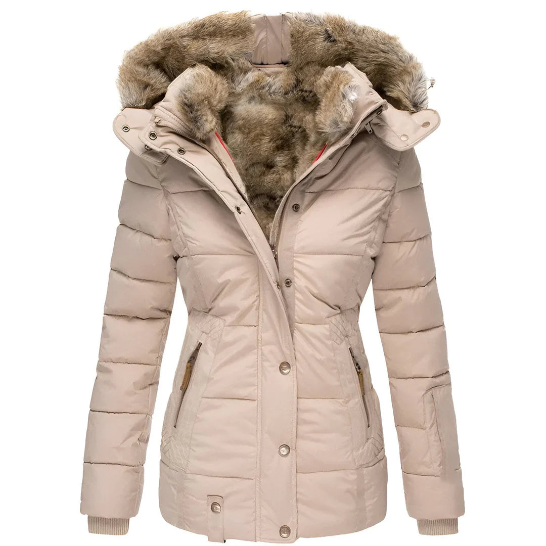 Women’s Winter Puffer Jacket with Faux Fur Hood – Sandy Beige