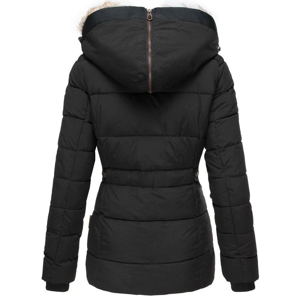 Women’s Winter Puffer Jacket with Faux Fur Hood – Black