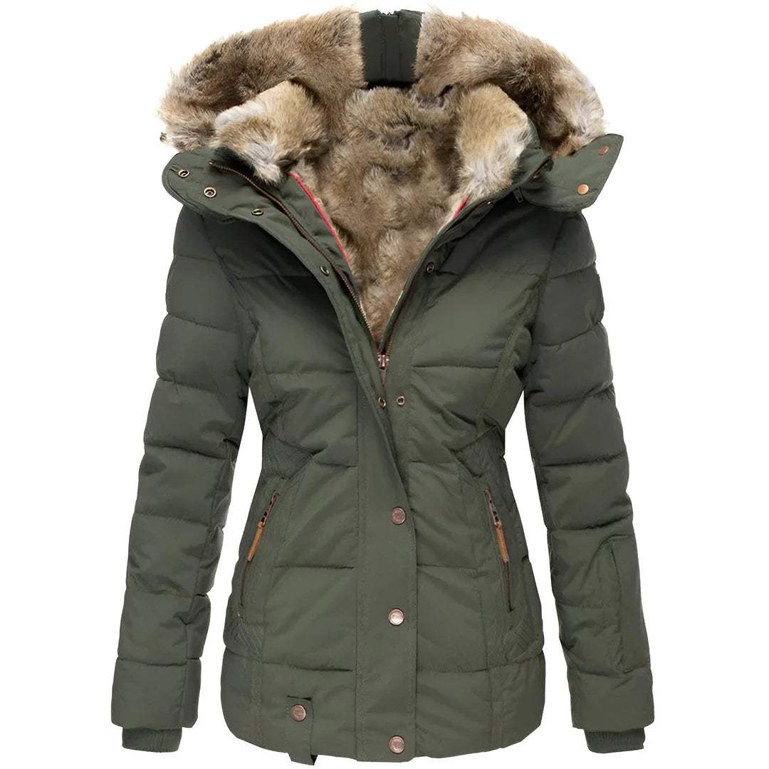 Women’s Winter Puffer Jacket with Faux Fur Hood – Soft Green