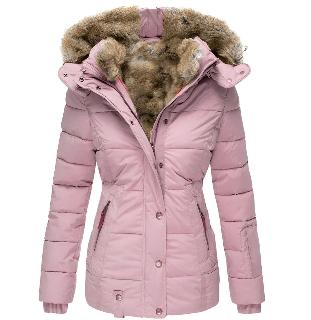 Women’s Winter Puffer Jacket with Faux Fur Hood – Pearl Pink