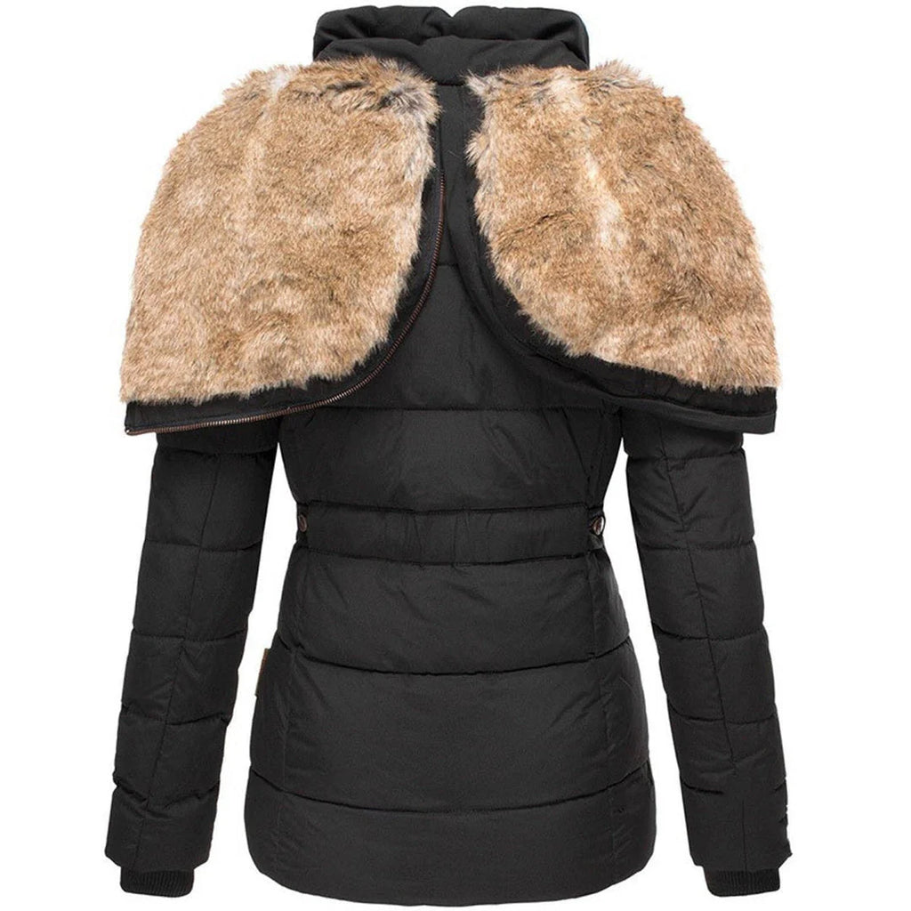 Women’s Winter Puffer Jacket with Faux Fur Hood – Black