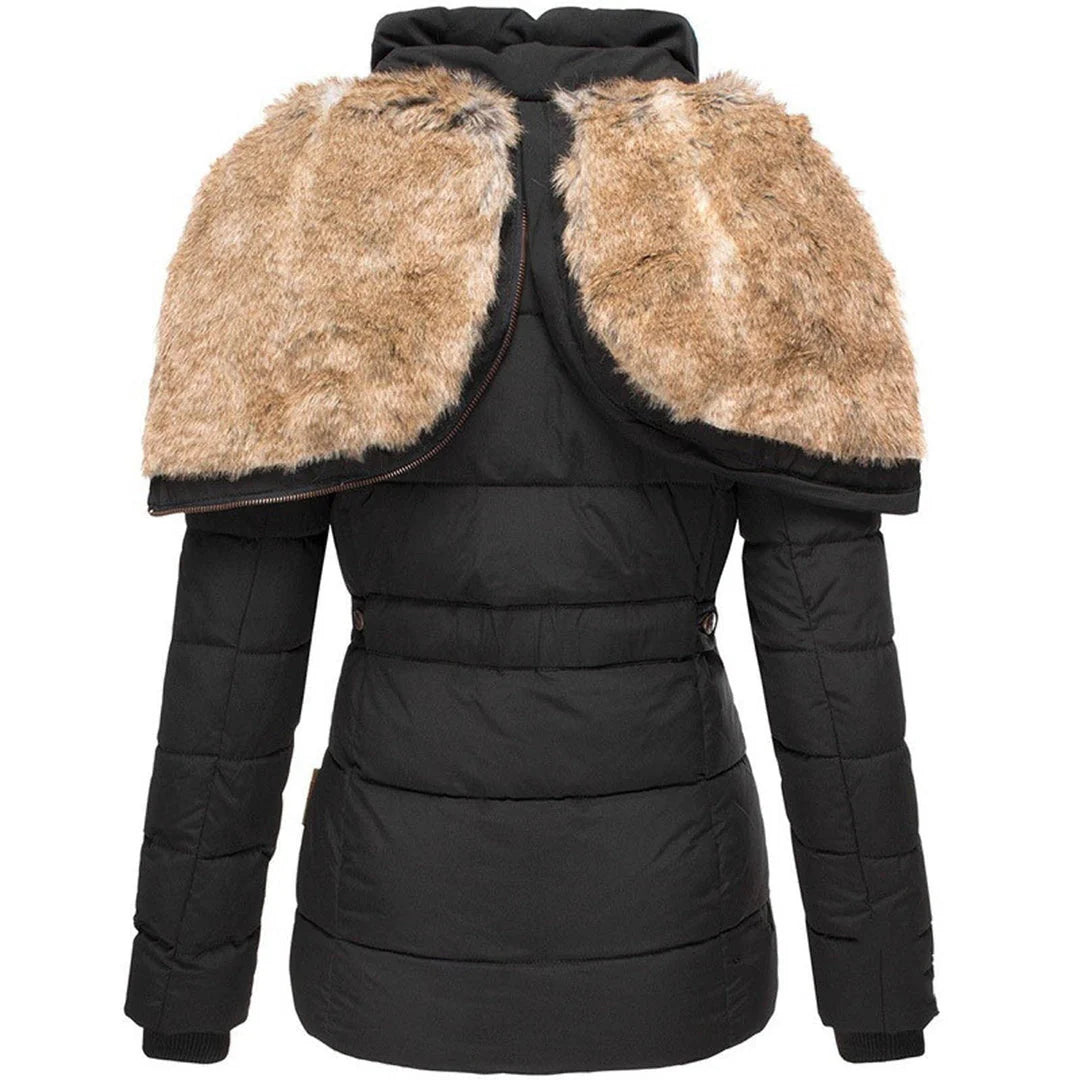 Women’s Winter Puffer Jacket with Faux Fur Hood – Black