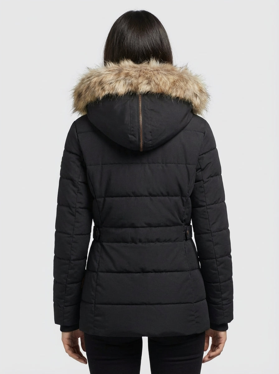 Women’s Winter Puffer Jacket with Faux Fur Hood – Black