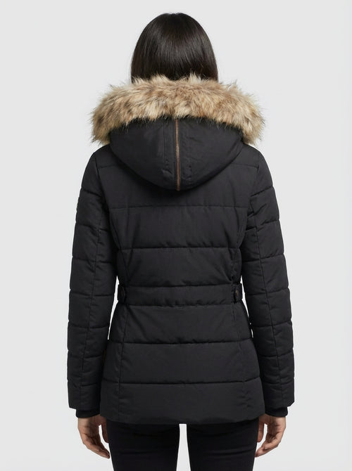 Women’s Winter Puffer Jacket with Faux Fur Hood – Black