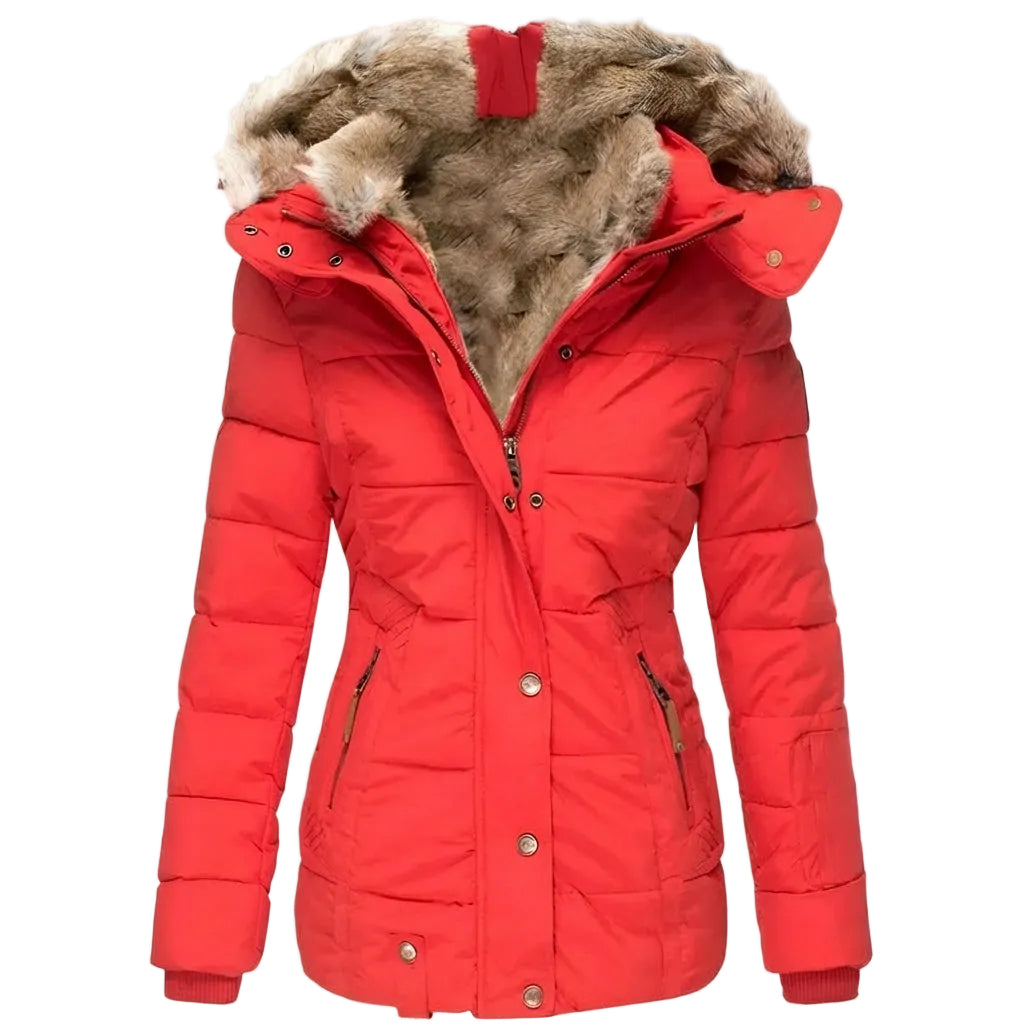 Women’s Winter Puffer Jacket with Faux Fur Hood – Red